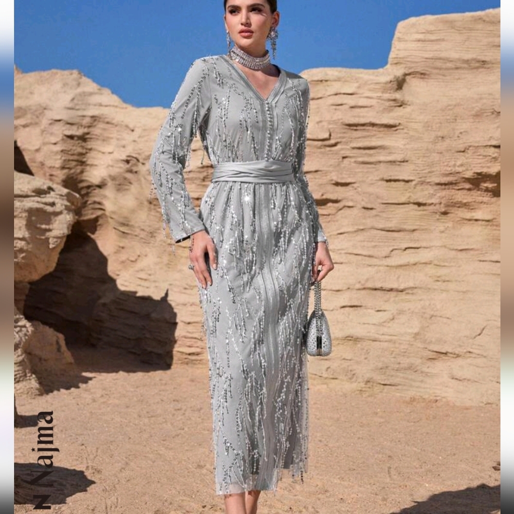 Ramadan Elegant silver Kaftan 2 pieces